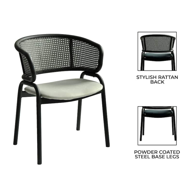 Ervilla Modern Upholstered Accent Side Chair with Wicker Back and Black Iron Legs for Dining Room & Kitchen, Set of 2
