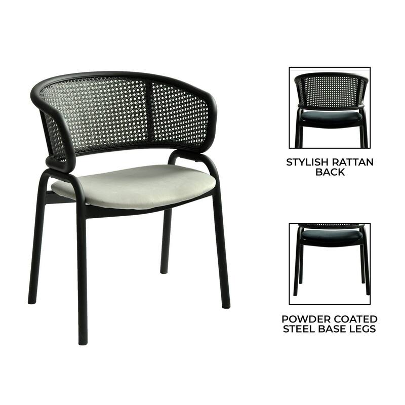 Ervilla Modern Upholstered Accent Side Chair with Wicker Back and Black Iron Legs for Dining Room & Kitchen, Set of 4