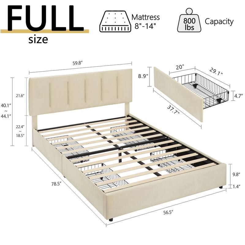 VECELO Bed Frame with 4 Storage Drawers, Upholstered Platform Bed Frame with Adjustable Headboard