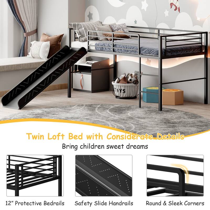 Gymax Twin Metal Loft Bed with Slide Guardrails Built-in Ladder Low