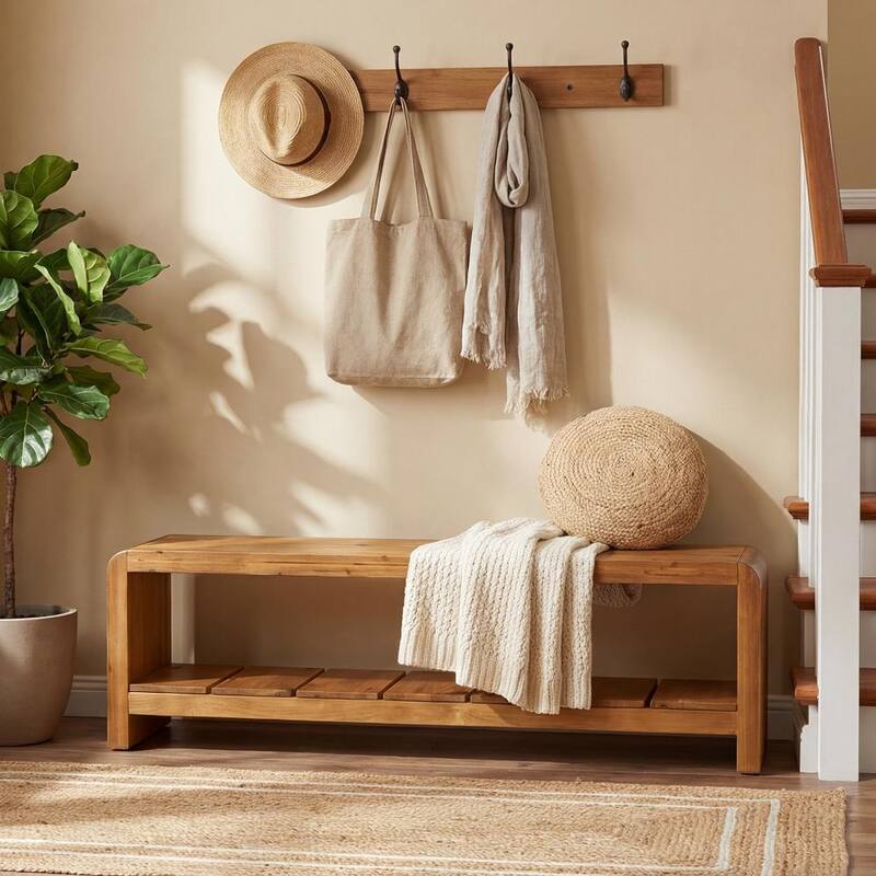 Solid Wood Entryway Bench, 59 Inch Long Shoe Bench with Open Shelf