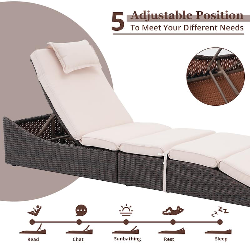 Outdoor PE Wicker Chaise Lounge Chairs, Patio Rattan Reclining Chair Adjustable Backrest Pool Sunbathing Recliners