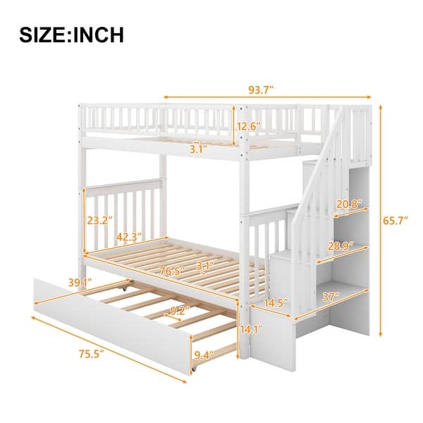 dimension image slide 0 of 2, Twin over Twin Bunk Bed with Trundle, 4 Storage Shelves, Convertible into 3 Separate Beds, Grey