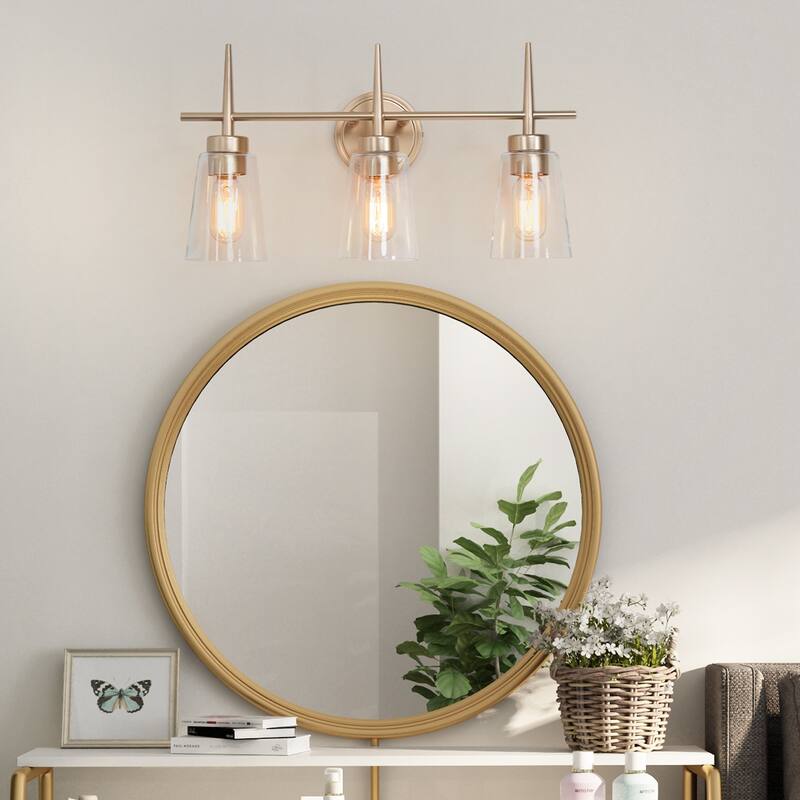 Mid-century Modern Glam 3-light Bathroom Vanity Lights Glam Gold Glass Wall Sconces - L20"x W6"x H 11.5"