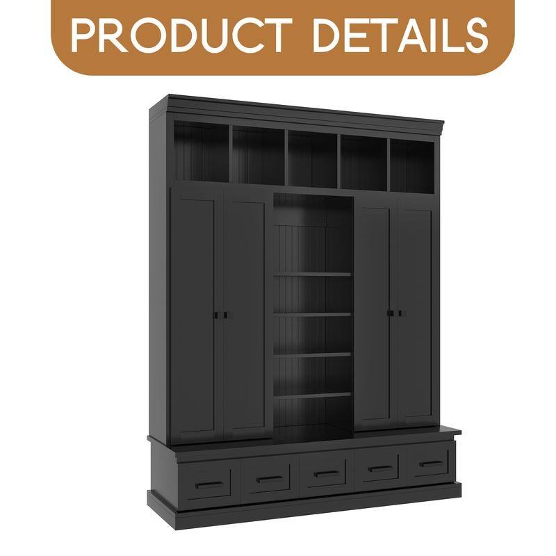 78.7''H Hall Tree with Bench and 5 Storage Cubbies, Modern Entryway Storage Organizer Cabinet , Adjustable Shelves ，Bookshelf