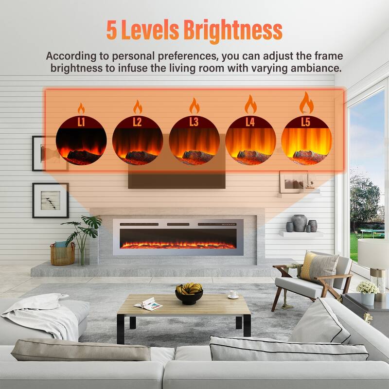 Wall Mounted & Recessed Electric Fireplace with 12 Flame Colors, Stainless Steel Electric Fireplace