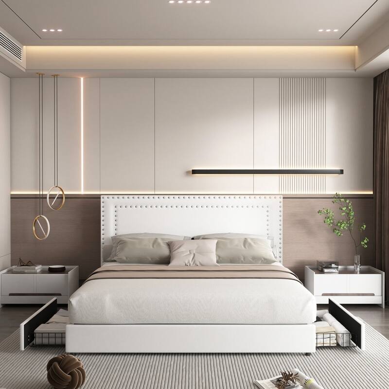 Modern Upholstered Bed Frame with 4 Storage Drawers, Platform Fabric Bed with Button Tufted Headboard - White - Queen