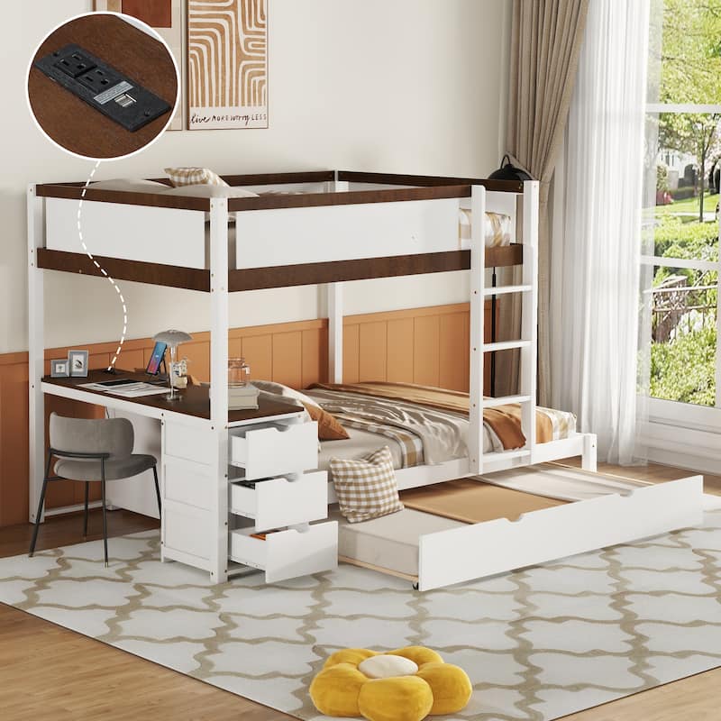 Full-Over-Full Bunk Bed with Twin Size Trundle Bed Frame, Storage and Desk Multifunctional Storage Bed for Kids Teens Adults