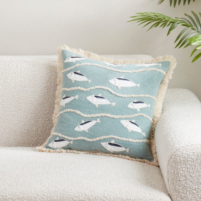 Embroidered Fish Cotton Throw Pillow - Coastal Wave & Fish Stitch Design for Sofa, Bed & Accent Styling, 18"x18"