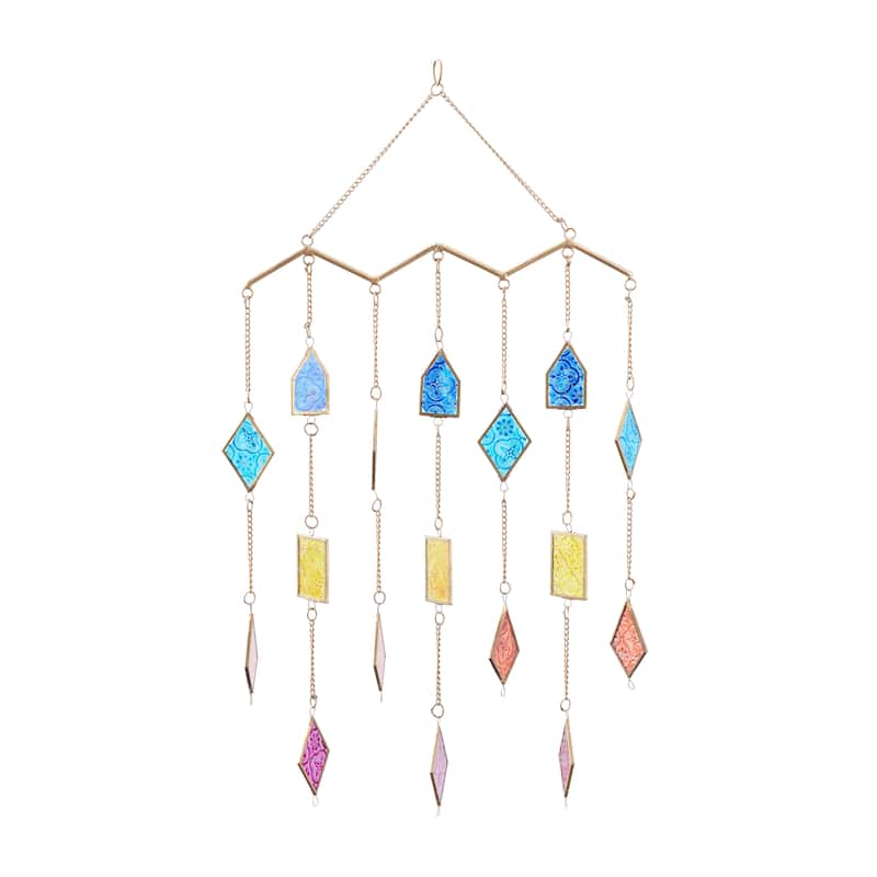 Multi Colored Metal Indoor Outdoor Geometric Windchime with Stained Glass