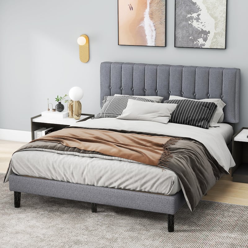 Full Size Platform Bed Frame with Fabric Upholstered Headboard and Wooden Slats Support, No Box Spring Needed/Easy Assembly