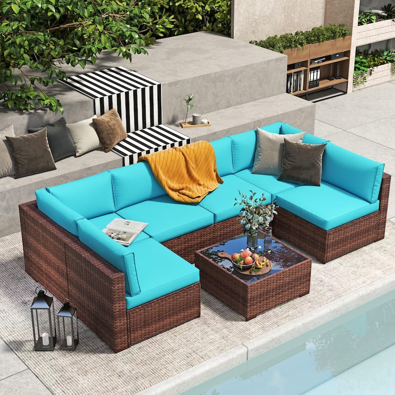 Wicker/ Steel 7-piece Outdoor Cushioned Sectional Sofa Set - Blue