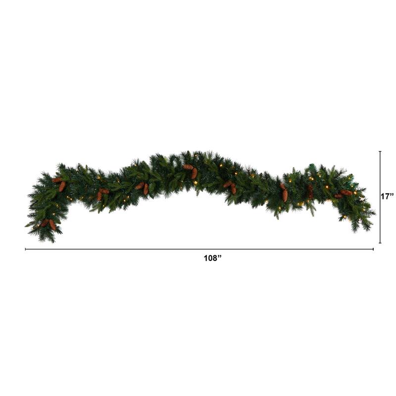 9Ft Christmas Garland with Lights - Artificial Pine & Pinecone Decor - Holiday Home Decor - 108