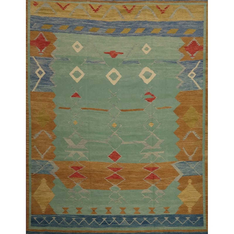 Hand Woven Oriental 100% Wool Carpet Southwestern Tribal Green Kilim Area Rug - 10' 4'' X 10' 0''