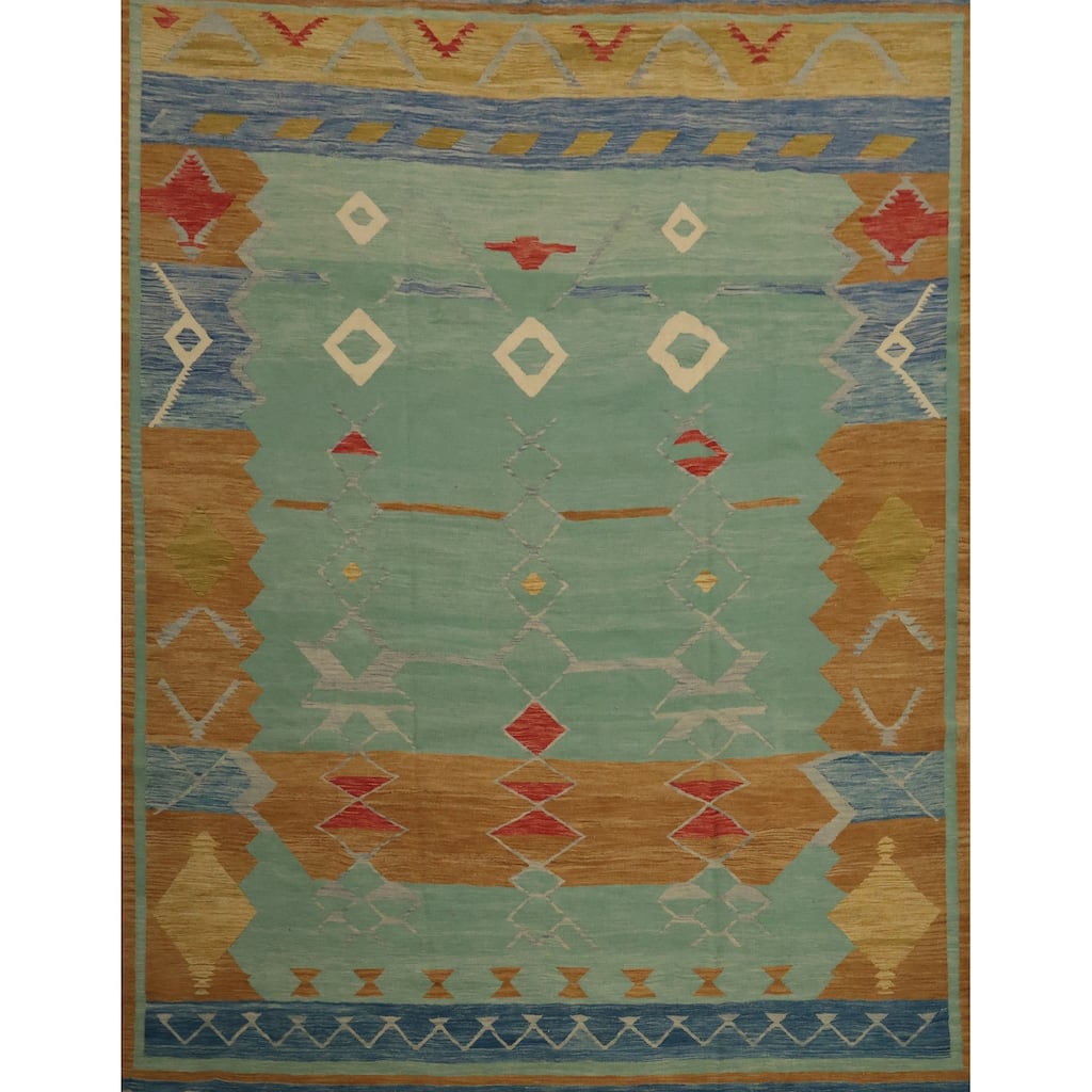 Hand Woven Oriental 100% Wool Carpet Southwestern Tribal Green Kilim Area Rug - 10' 4'' X 10' 0''