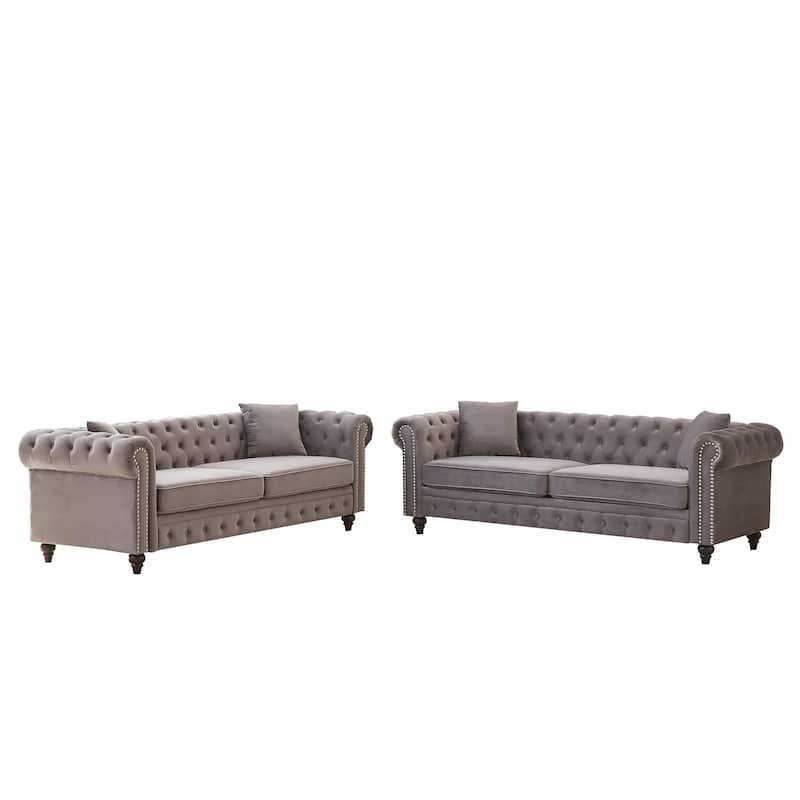 3+3 Seat Velvet Deep Seat Sofas Set, Classic Chesterfield Couches with Nailheads Accent, Removable Cushions and Pillows