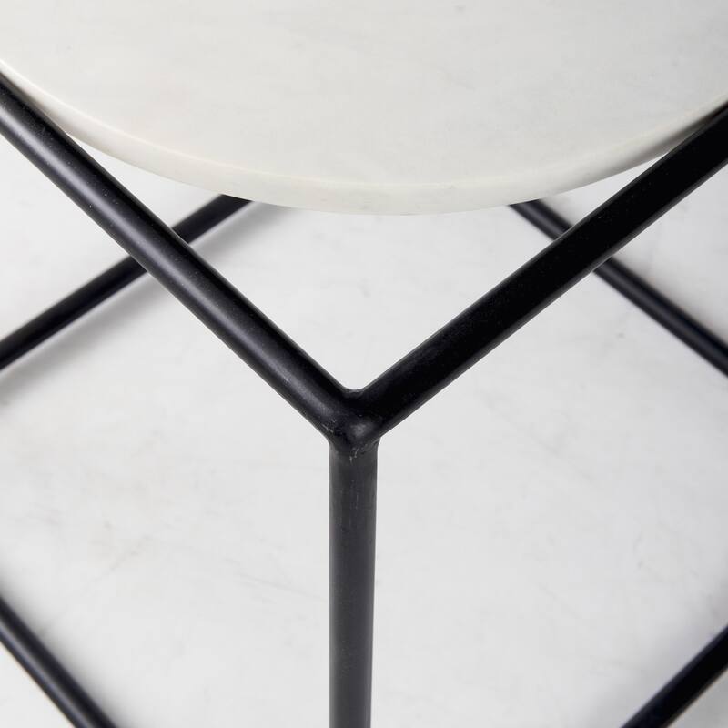 Suspended White Marble Black Metal Geo Side Table - 22" H x 20" W x 20" D