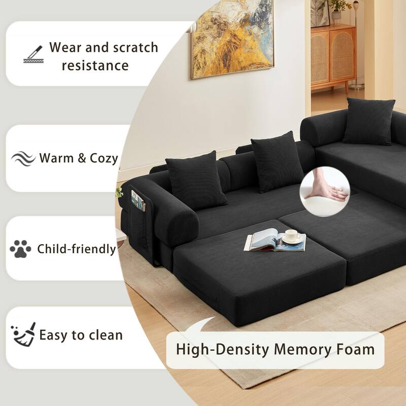 107" L-Shaped 6-in-1 Corduroy Modular Sectional Sofa, Convertible Out Sofa Bed, 4-Seat, Black