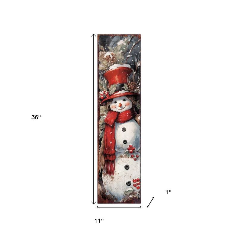 HomeRoots 36" Blue White And Red Christmas Snowman Solid Wood Porch Sign