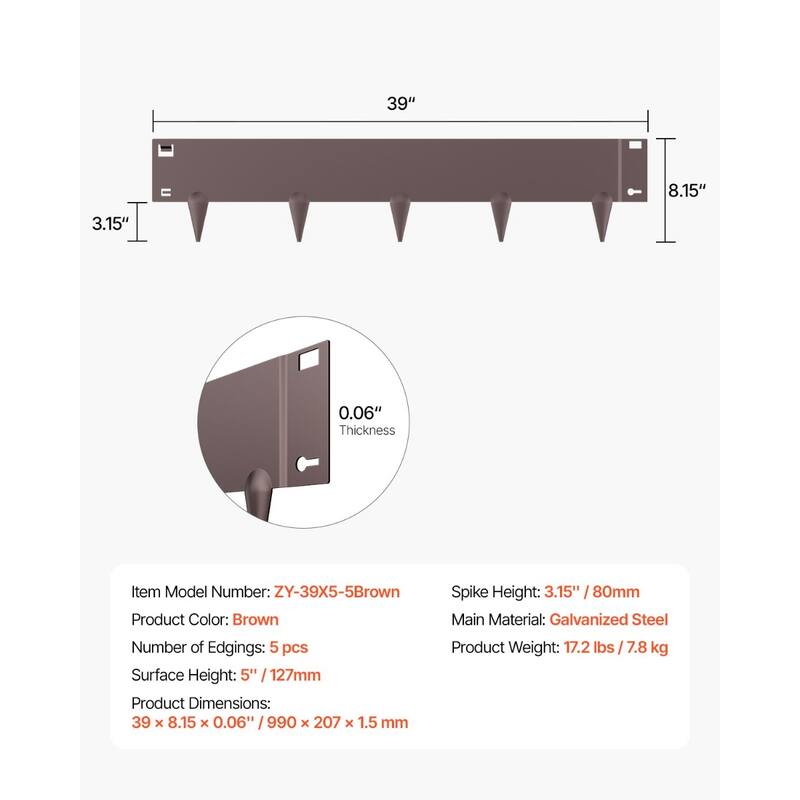 5 Pieces Brown Galvanized Steel Rust-Resistant Flexible Landscape Edging Border with Spikes - 39 x 8.15 x 0.06 in