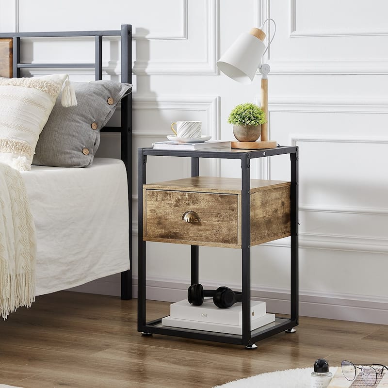 VECELO, Modern 1-Drawer Nightstand with 2-tier Glass Shelves