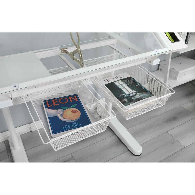 Hand crank adjustable drafting table drawing desk with 2 metal drawers WITH STOOL