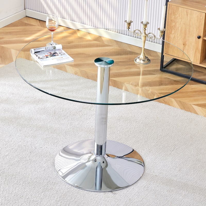 Roomfitters Round Glass Dining Table with 39.7 Inch Top and Silver Electroplated Legs for Dining Area, Silver, Transparent - Silver,Transparent