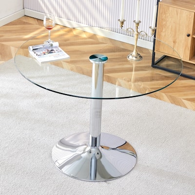 Roomfitters Round Glass Dining Table with 39.7 Inch Top and Silver Electroplated Legs for Dining Area, Silver, Transparent