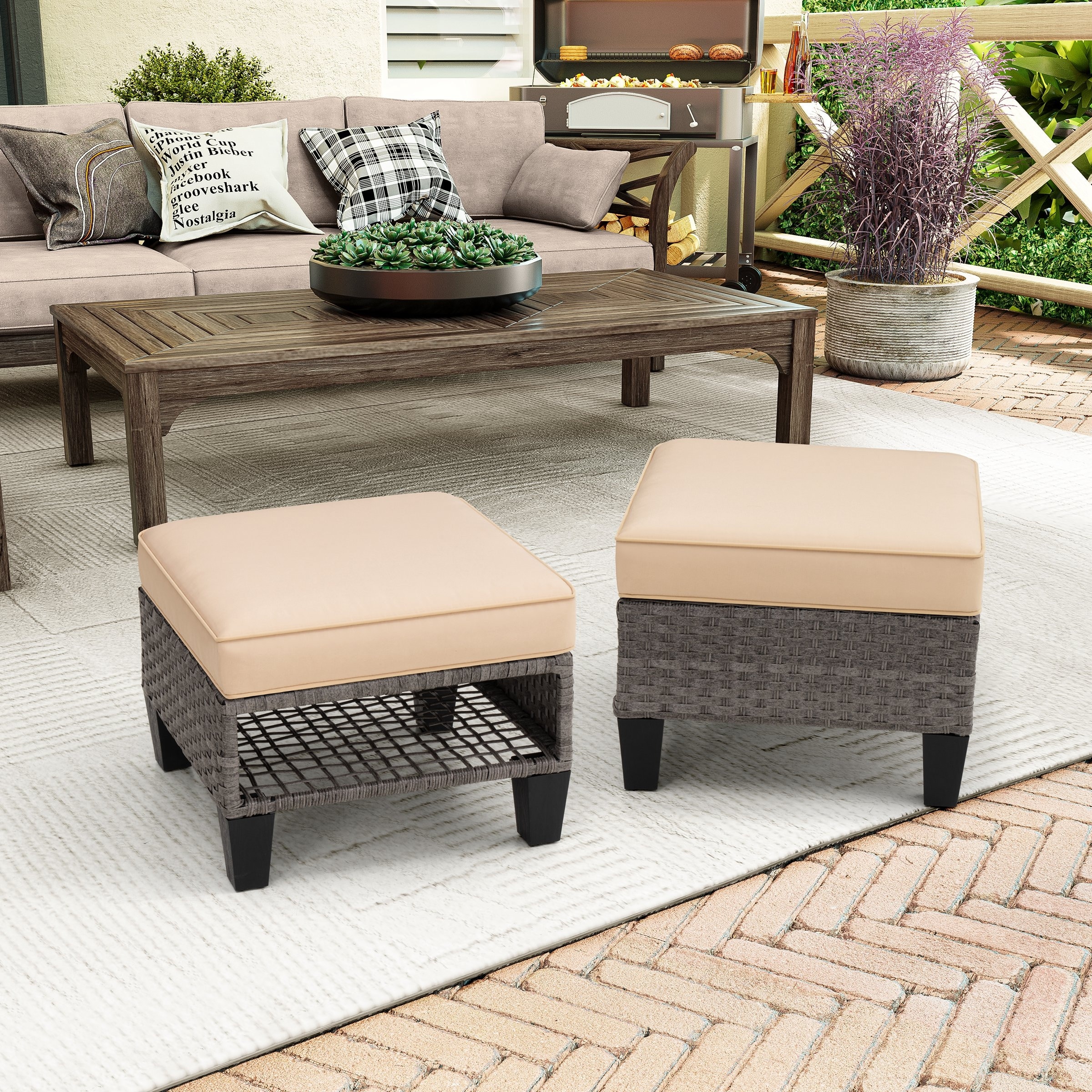 Outdoor Patio Square Rattan Storage Ottomans Set (Set of 2)-image