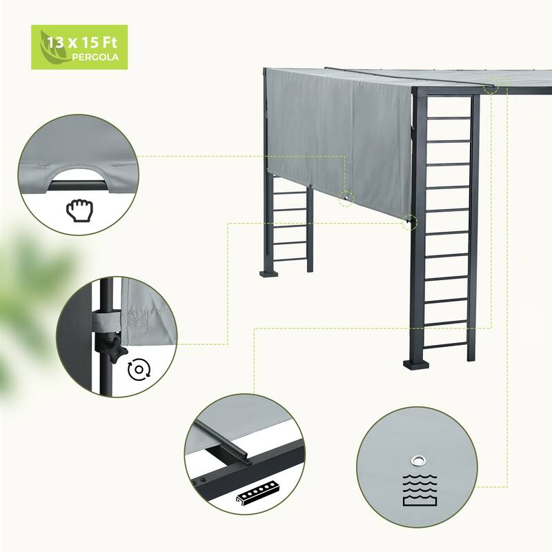 13 ft. x 15 ft. Aluminum Outdoor Pergola with Gray Retractable Shade