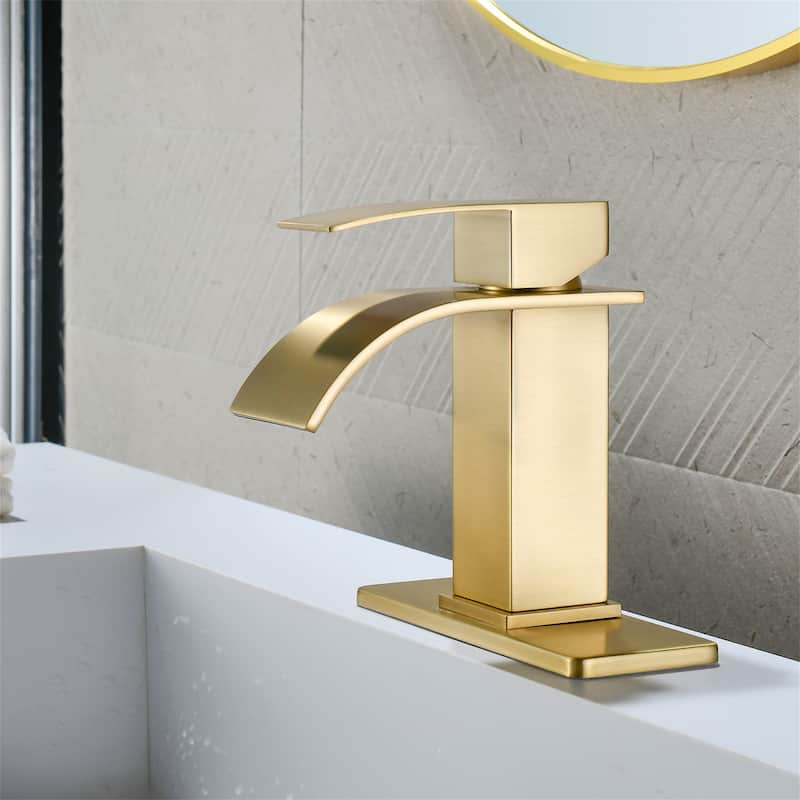 Single Handle Waterfall Bathroom Sink Faucet with Pop-up Drain 304 Stainless Steel 1 Hole Basin Vanity Faucets with Deck Plate
