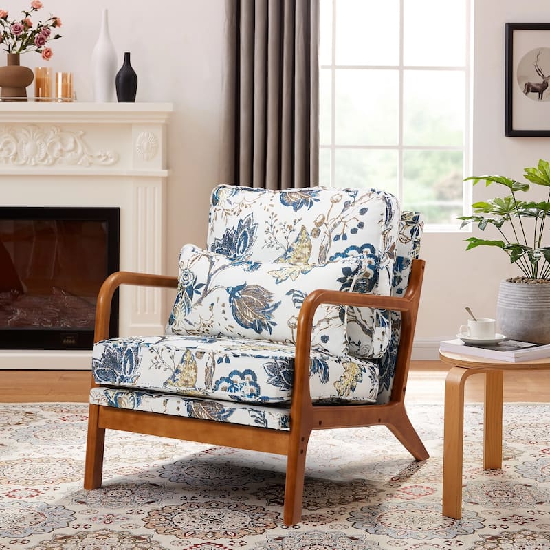 EROMY Mid-Century Modern Accent Chair - Solid Wood Frame Armchair for Living Room, Lounge, or Balcony - Linen Fabric - Blue Flower