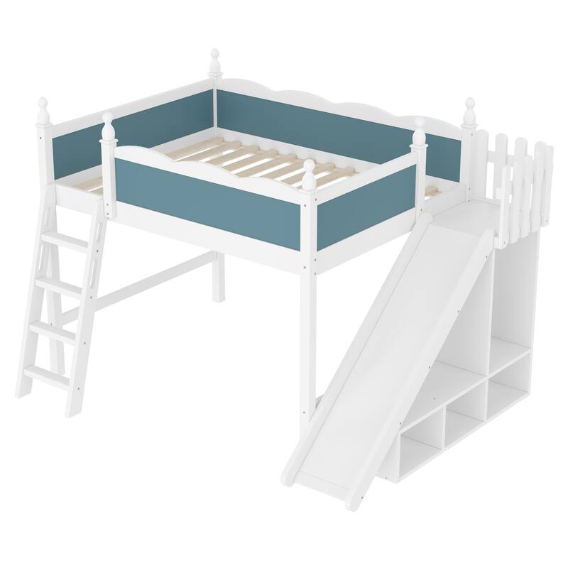 Fun Play Loft Bed for Kids with Open Shelves and Wardrobe, Solid Wood Storage Bed Frame with with Detachable Slide and Ladder