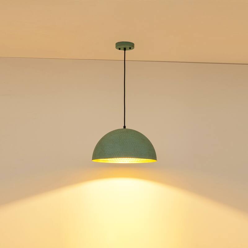 15.7" 1-Light Retro Antiqued Green Hammered Dome Pendant with Gold Interior Hanging Light for Dining Room