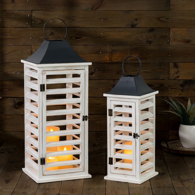 Glitzhome Set of 2 Modern Wooden Shutter Floor Candle Lanterns Fall Wedding Decor