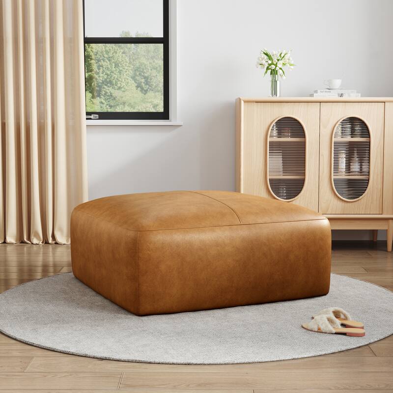 UIXE Genuine Leather Ottoman, Upholstered Ottoman for Living Room