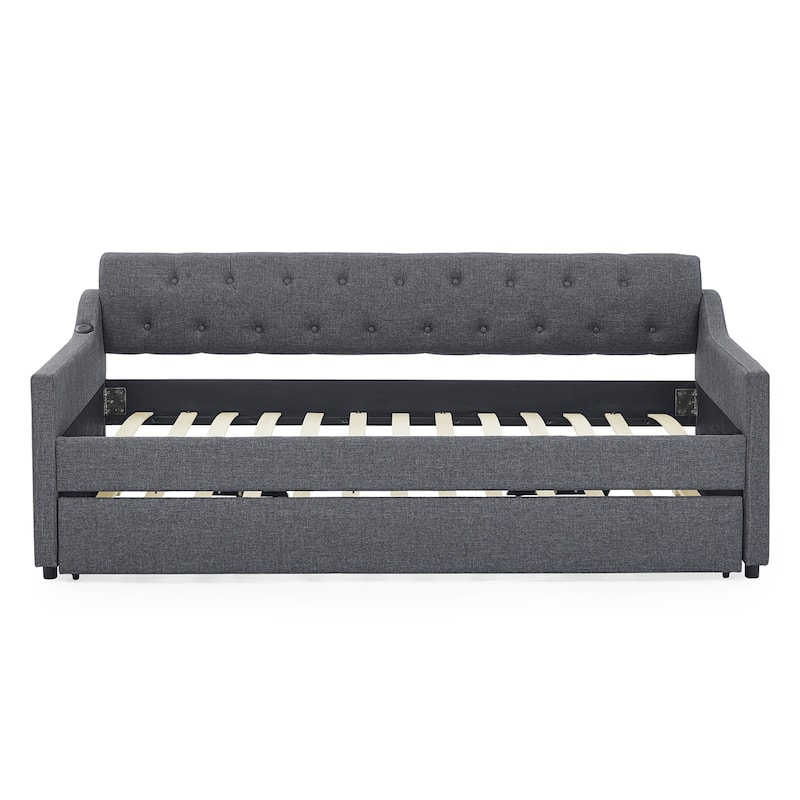 Twin Size Upholstery DayBed with Twin Size Trundle and USB Charging