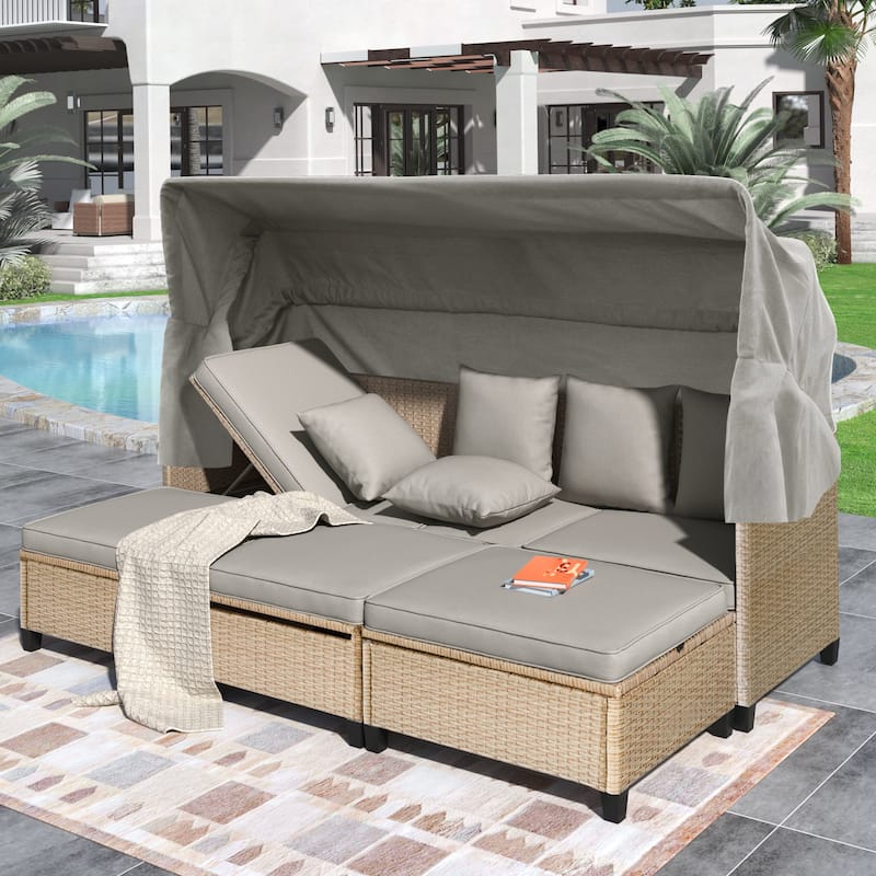 4 Piece UV-Proof Resin Wicker Patio Sofa Set with Retractable Canopy, Cushions & Lifting Table, Beige - Brown