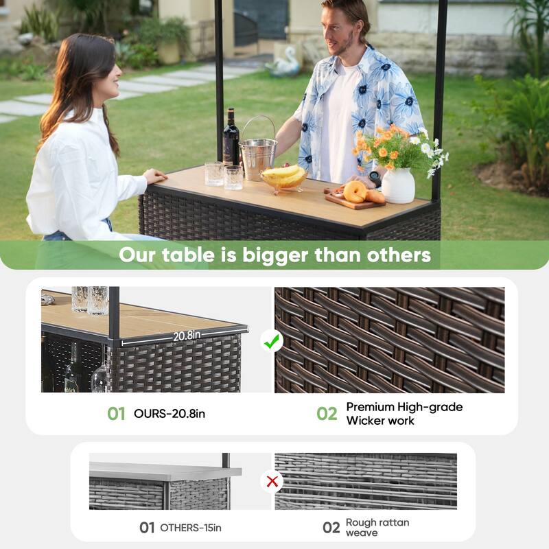 Pocassy Outdoor Patio Tiki Bar Set with 2 Stools Storage for Garden