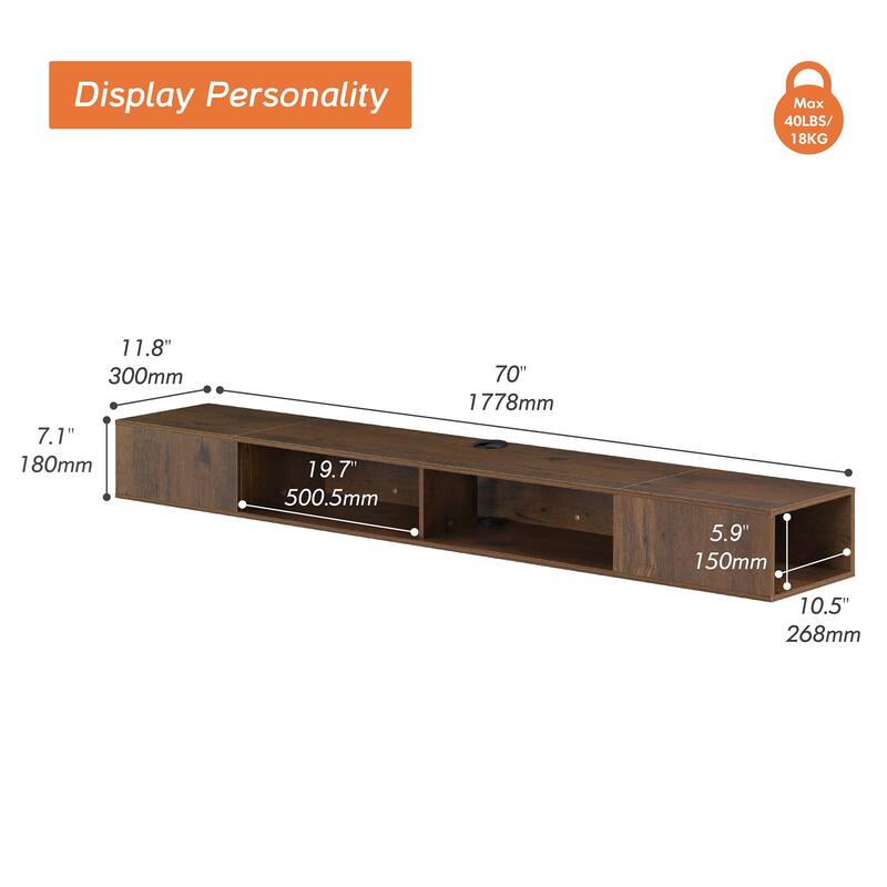 Floating Wall Mounted TV Stand with Storage, Brown, 70 Inch