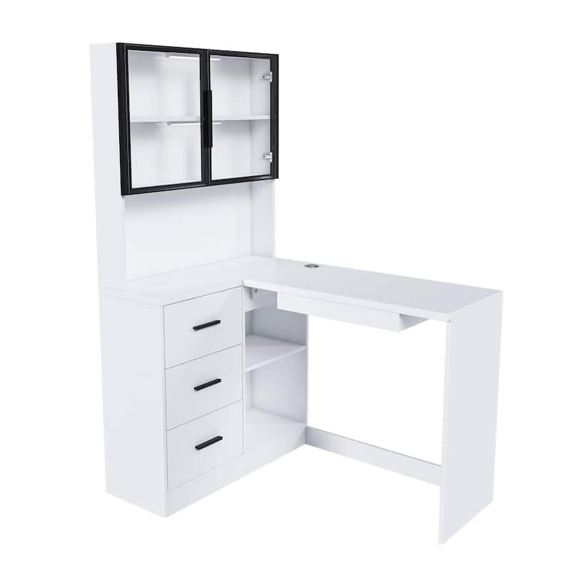 Computer Desk with Glass Cabinets & Built-In LED Lights, Corner L-Shaped Office Desk with USB Charging Ports, Keyboard Tray