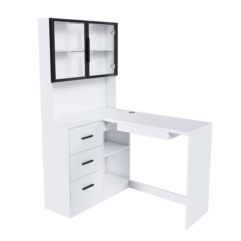 Executive Desk with Glass Cabinets & Built-In LED Lights, L-Shaped Corner Computer Desk, Writing Desk with USB Charging Ports