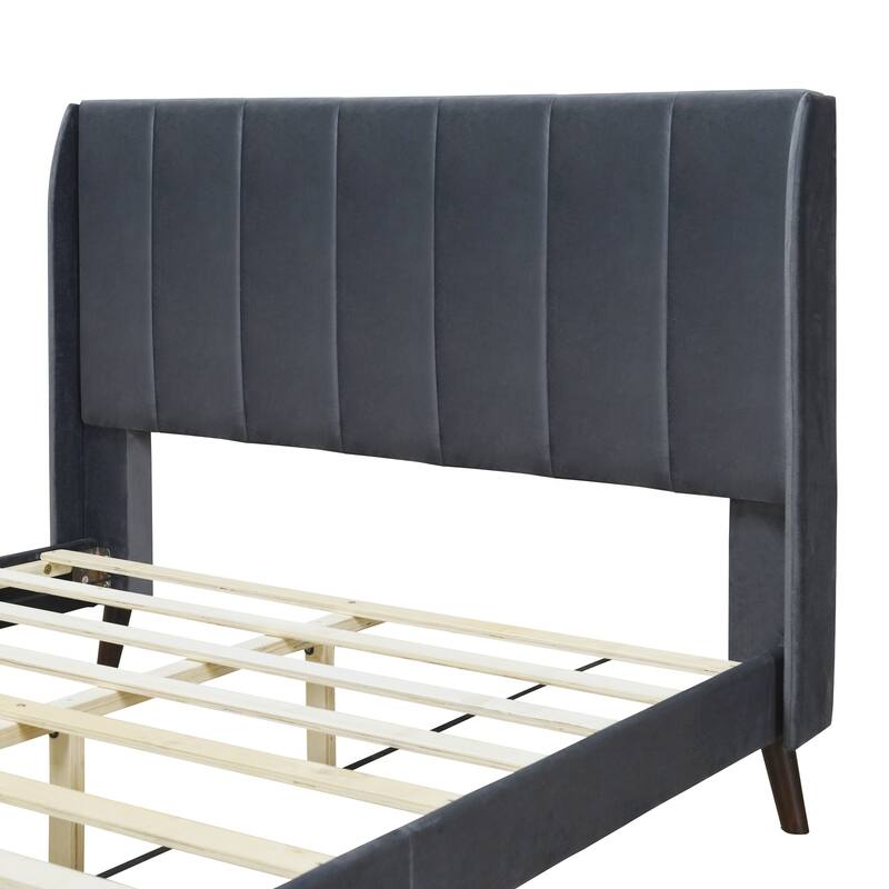 Twin/Full/Queen Size Velvet Upholstered Platform Bed Frame with Headboard and Wooden Slats Support, No Box Spring Needed