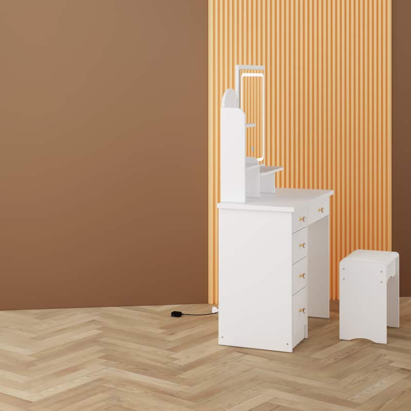 Modern Vanity Desk with Adjustable Mirror Lights and Hair Dryer Shelf