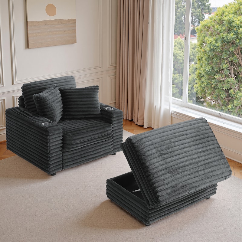 Modern Oversize Plush Corduroy Accent Chair Chaise Lounge with Storage Ottoman
