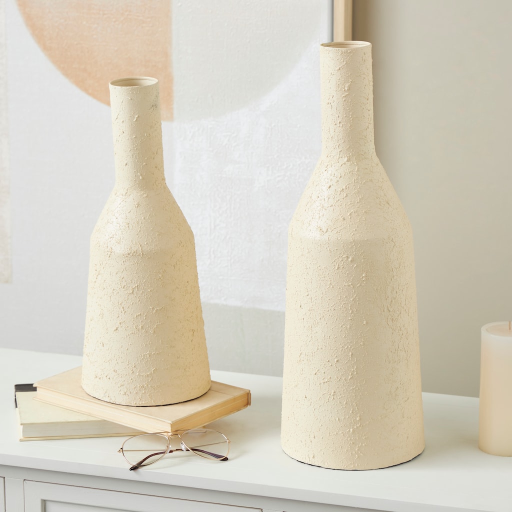 Cream Metal Fluted Distressed Textured Decorative Vase (Set of 2)