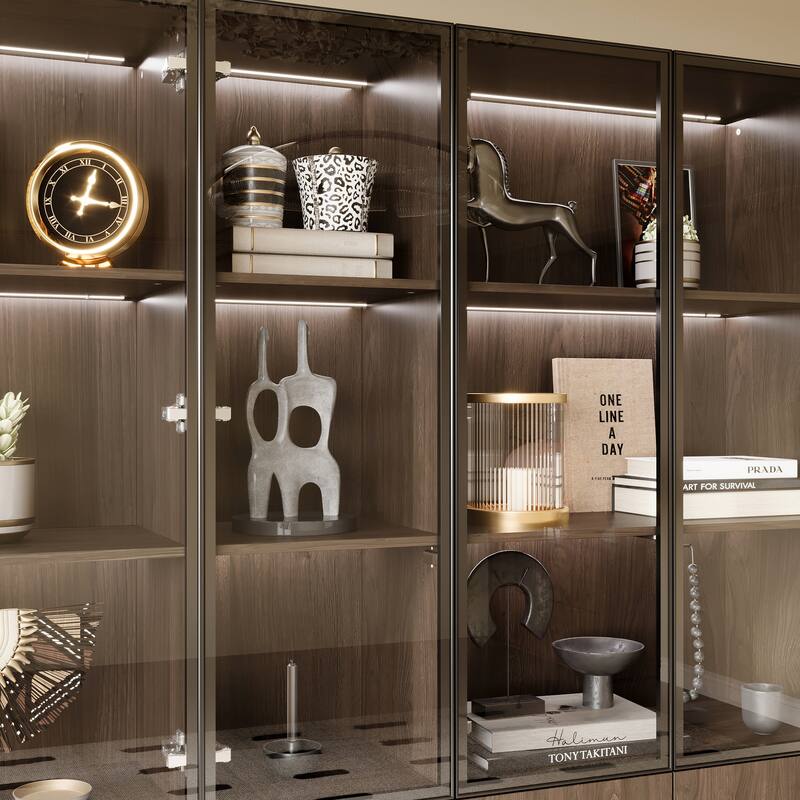 Bookshelves Bookcase Modular Glass Display Cabinet with LED Lights, Dark Wood Storage Combination Cabinet System