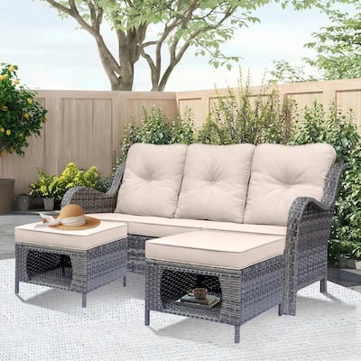 3 Piece Patio Sofa Set-Wicker Outdoor Sofa Sets with Storage Ottoman