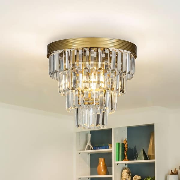 slide 2 of 14, 3-Light 13" Cone Shape 3-Tier Crystal Flush Mount