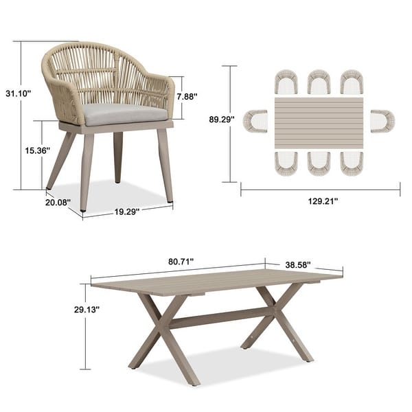 dimension image slide 2 of 3, PURPLE LEAF 7 Pieces Patio Dining Set with Outdoor Aluminium Square Dining Table and Woven Rattan Chairs